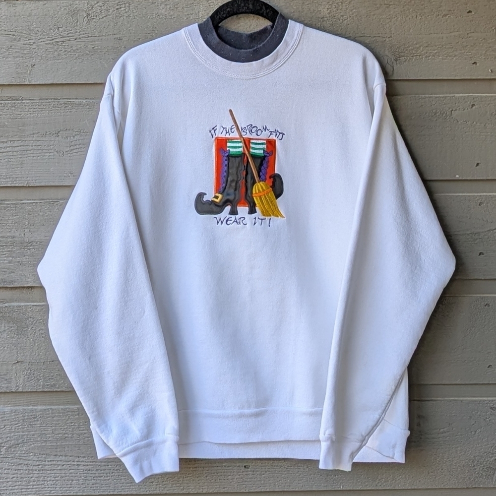 VTG 90s Witchy If The Broom Fits Wear It Crew Neck Sweatshirt Large White Black